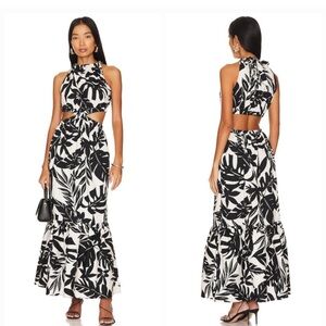 Steve Madden Black and Ivory Jules Dress, Tropical Print Midi/Maxi Halter Dress